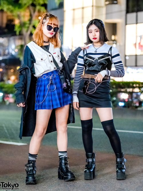 tokyo-fashion:  15-year-old Maria and 14-year-old Sachie on the street in Harajuku wearing trendy styles including a Moussy parka, Spinns plaid skirt, Faith Tokyo camisole, Bubbles Harajuku boots, and Moschino backpack. Full Looks