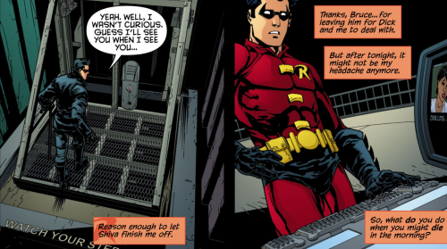 from robin (1993) #183: jason todd getting on the lift that goes out of the batcave, saying "yeah. well, i wasn't curious. guess i'll see you when i see you..." there's a text box in the bottom right corner with the robin r logo that says "reason enough to let shiva finish me off." next panel, tim drake as robin stands at the batcomputer. text boxes read "thanks, bruce... for leaving him for dick and me to deal with. but after tonight, it might not be my headache anymore. so, what do you do when you might die in the morning?"