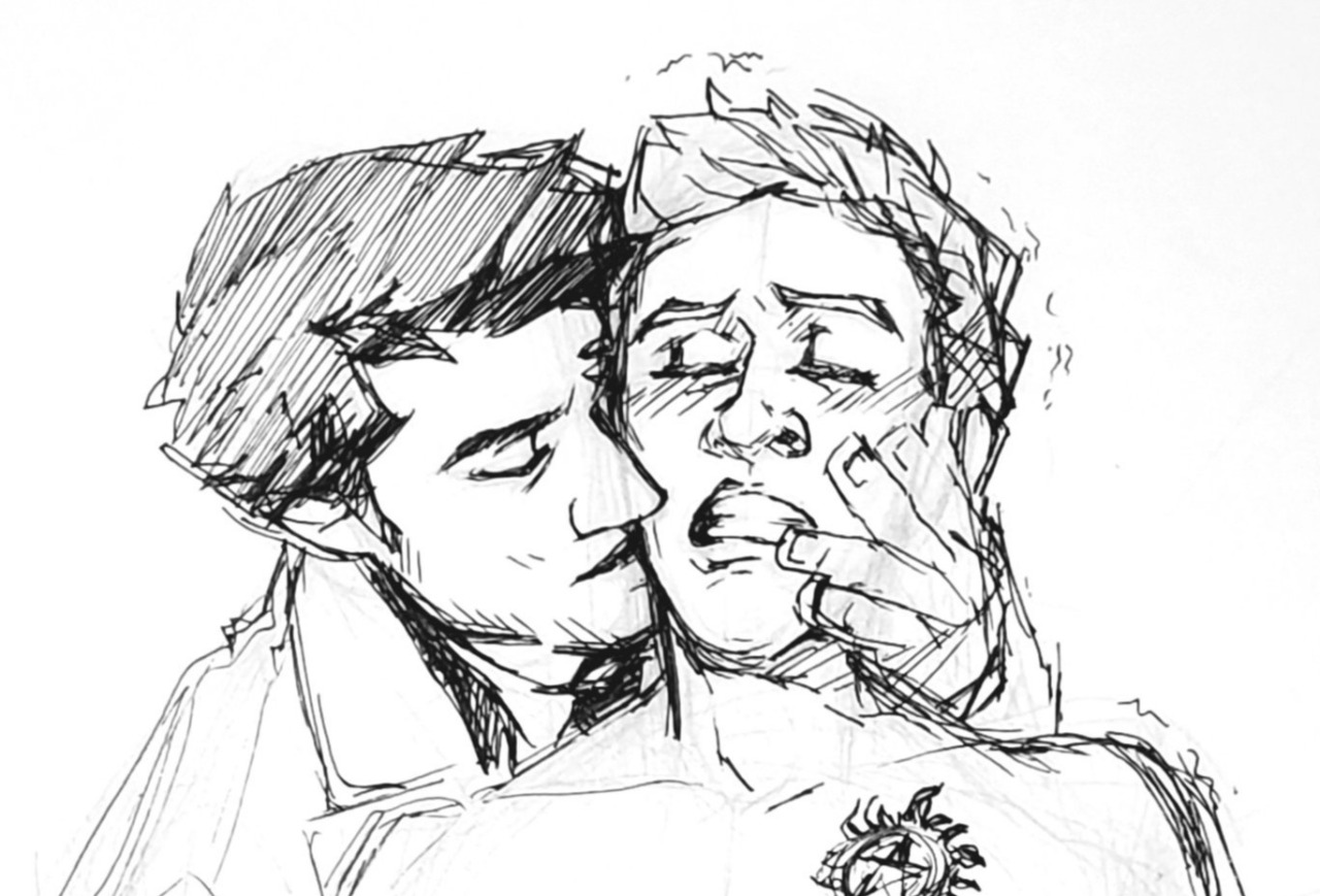 perpetuallycaffeinated:Aggressively Cropped Closeup of a quick sketch, because I’ve got Destiel w/ pleasure!dom Cas on the brain 💀 Next day Reblog, because happy new year, please consider fully clothed Cas gently and patiently taking Dean apart