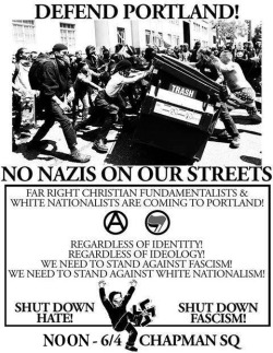 becoming-vverevvolf:  lady-feral:     Portlanders who want to stand up against racism in a very direct fashion, look no further:PDX - “Based Spartan,” “Based Stickman,” “Baked Alaska,” and a cadre of assorted white nationalist goons are flying
