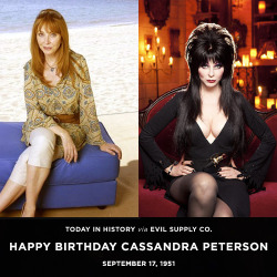 evilsupplyco:  Happy birthday Cassandra Peterson! Atticus and crew will be celebrating your glamorous career as “Elvira” by watching a few episodes of your Movie Macabre.