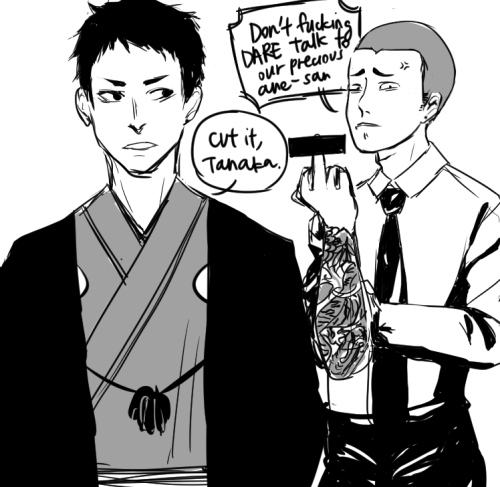 sourin-flyin:  Haikyuu yakuza AU! I actually have a lot of headcanons for this and will post them eventually. Hint: character death. Ψ(｀▽´)Ψ 