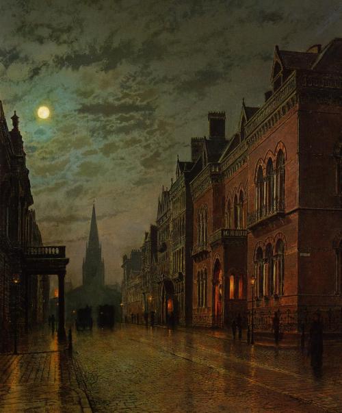 ganymedesrocks:seawaters:Park Row, Leeds (1882) by John Atkinson GrimshawThe Moon, fullness, is out 