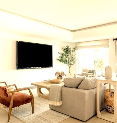 Open - Living RoomExample Of A Large Trendy Open Concept Beige Floor Living Room Design With White Walls