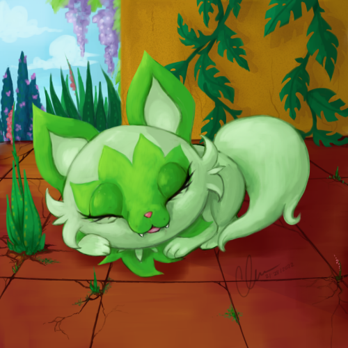 A quick little paint of Sprigatito napping in the afternoon. So excited for gen nine! I hope it evol