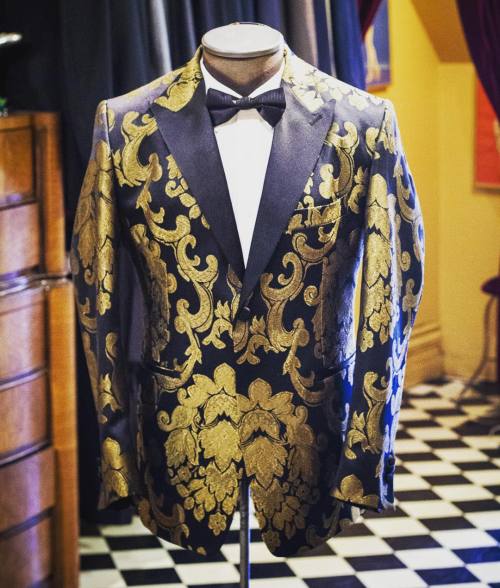 Our new and important gold & black brocade tuxedo jacket! Made to order in your size: Call or em