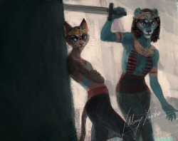 mary-yanko:  The eye of Ra: sisters Bastet and Sekhmet, who were sent by their father Ra to punish and destroy humanity. 