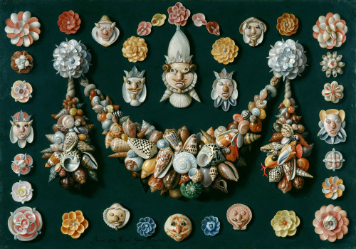 flemishgarden:Jan van Kessel the Elder - Festoon, masks and rosettes made of shells 1656oil on coppe