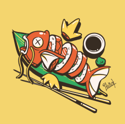 insanelygaming:  Sushikarp is done! Not so useless after all! Created by italiuxYou can buy this as a tee here: http://www.redbubble.com/people/italiux/works/10061453-sushikarp  Just about the only thing this little shit is worth.