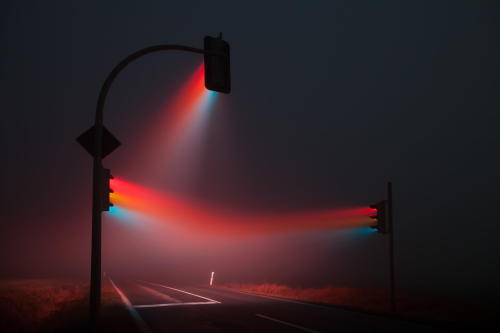  Long exposure, 3 traffic lights in the fog. 