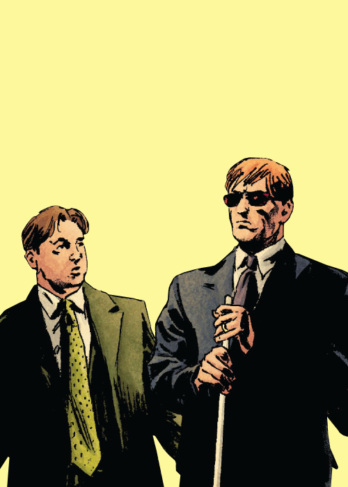 Matt Murdock and Foggy Nelson in Daredevil (1998) #102[ID: Two comic edits of Matt Murdock and Foggy