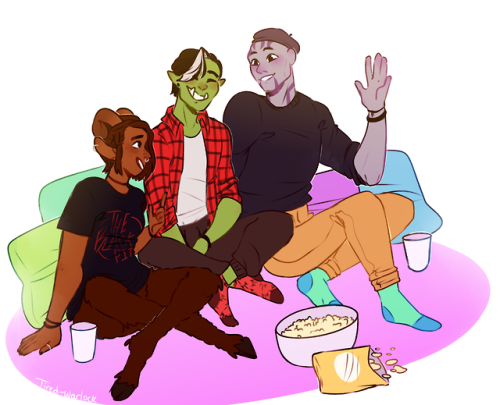 aubreylikesgirls:tired-warlock:hanging out[ID: a drawing of zelda, gorgug, and hargis sitting togeth