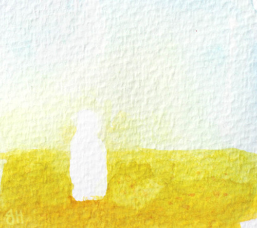 image descriptions: 3 photos of simple paintings. The first is a watercolor painting of a yellow fie