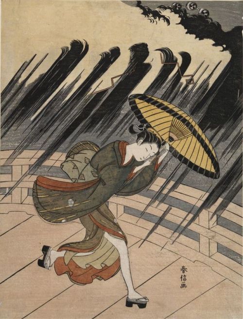 yama-bato:Suzuki HarunobuTitle:Woman Running to Escape a Sudden Shower, Edo period, circa 1765-1770D