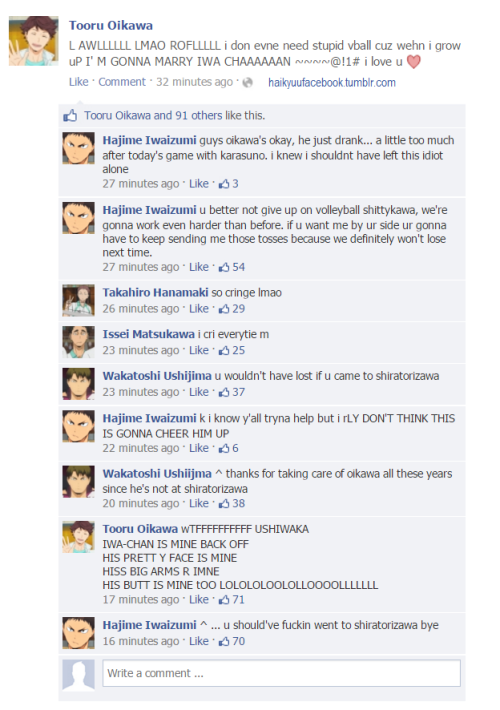 haikyuufacebook: drunk!oikawa ft. motivational (?) iwa-chan + ushiwaka (￣(エ)￣)ゞ (x)