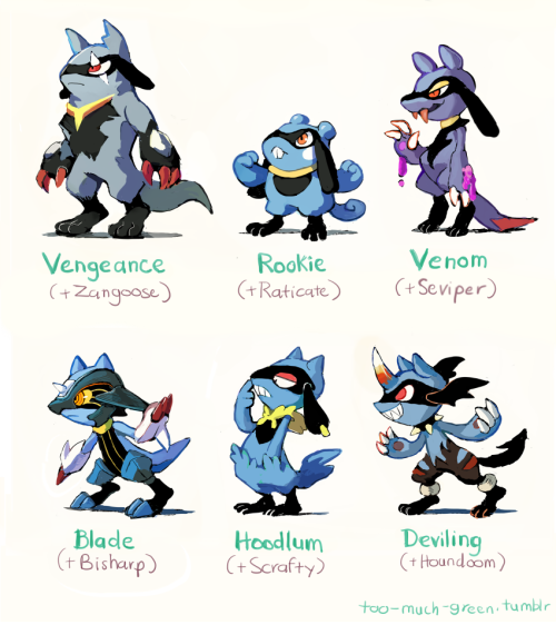 too-much-green:  More crossbreeding variations!! This time’s with Riolu. You can get these pups by breeding a female Lucario with the father mons listed in the brackets. I used a superheroes/villains theme for a lot of these designs, so I had to come