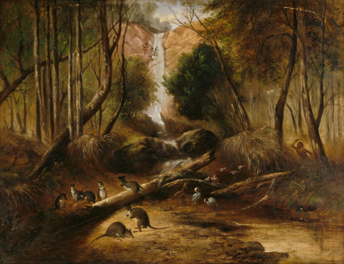 Bush Landscape with Waterfall and an Aborigine Stalking Native Animals, New South Wales, John Skinne