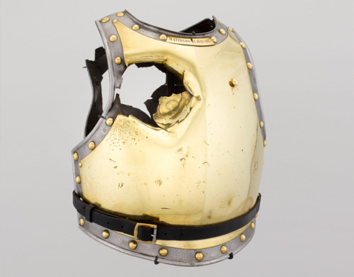 peteseeger: museum-of-artifacts:   Armour of a cuirasse du carabinier holed by a cannonball at the battle of Waterloo, 1815  Was the guy ok 