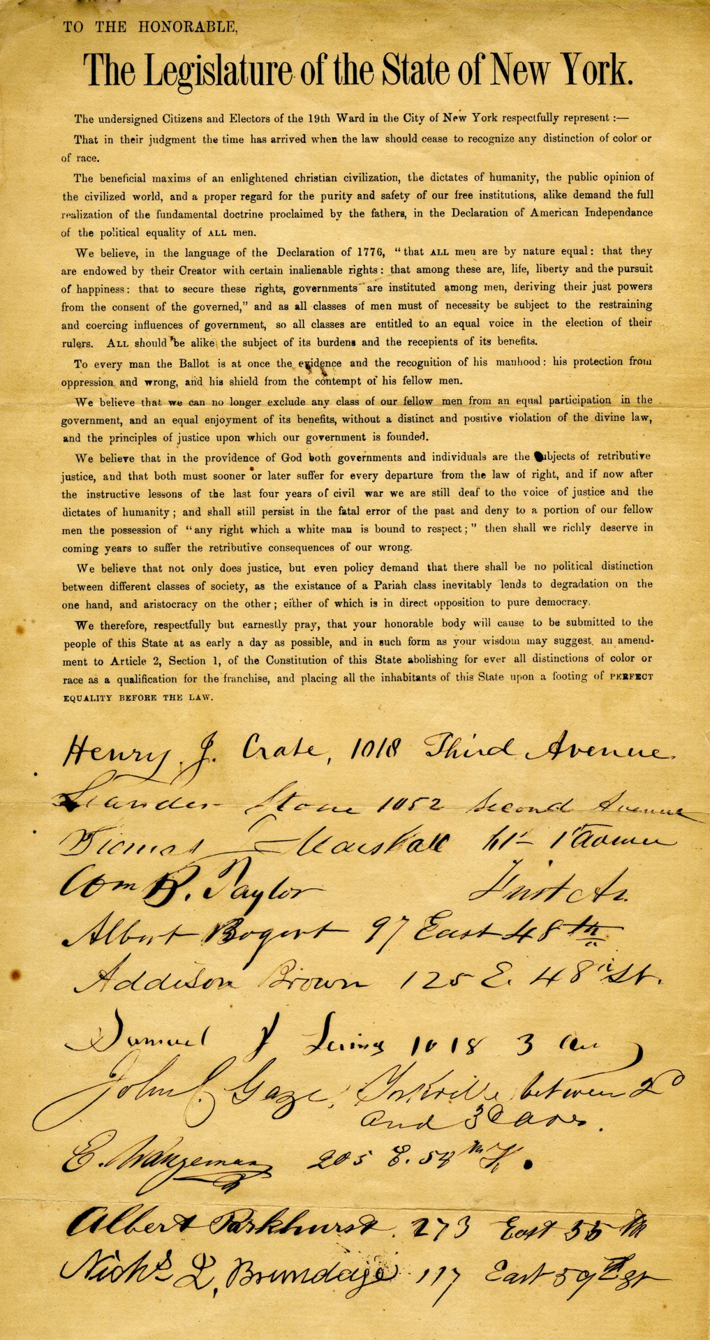 nyhistory:
“ After emancipation, New York State continued to disenfranchise Black voters by requiring that Black people—and only Black people—own a certain amount of property in order to vote. This petition, signed by several New Yorkers, asks for an...