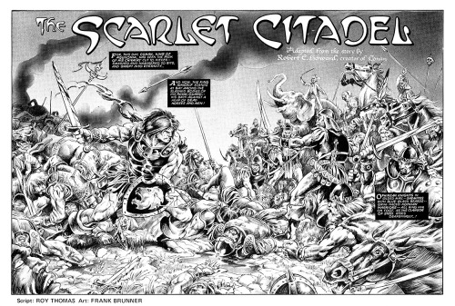 manyworldspress:Frank Brunner, opening double splash for “The Scarlet Citadel,” Sav