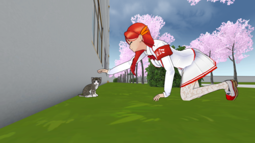 okas-stockings:Akane attempts to pet the kitty~~~Acanea felem permulcere temptat