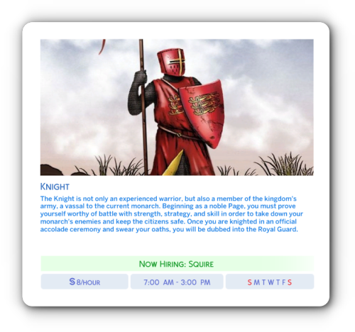 sokkarangsims:  Knight Career (Medieval Themed)  Do you find the EA career choices far too limiting 