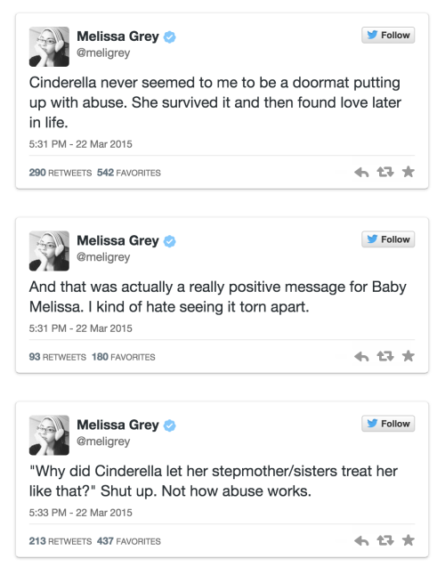 carolxdanvers:imagineagreatadventure:  I just thought this set of tweets was really important.  The difference between how I used to view Cinderella and how I see her now are completely and utterly colored by my own experiences, and I will FIGHT anyone