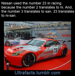 ultrafacts:     Japanese car manufacture Nissan often enter their cars numbered “23” into motorsports events. This is a wordplay; the pronunciations of “2” and “3” in Japanese are “Ni” (2) and “San” (3)   Source Follow Ultrafacts for