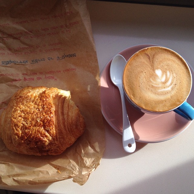 pain au chocolat from Le Grenier au Pain with a “flat white” from Cafe Tabac