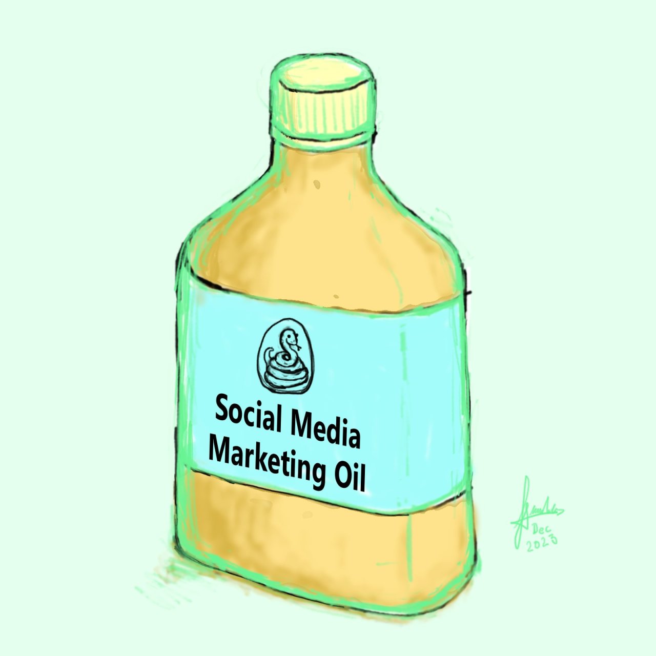 Digital hand-drawing of a bottle of what is apparently "Social Media Marketing Oil". The label has a snake logo.