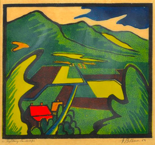 ein-bleistift-und-radiergummi:Geoffrey Brown Woodblock Print ‘Highbury Landscape’ 1954.(