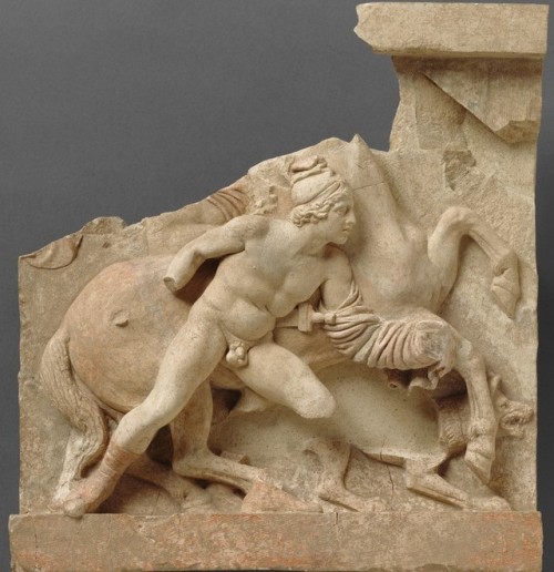 pipouch:Funerary Relief, Fragment with Hunter, Greek. Taras, Southern Italy, 300-250 BC - Limestone 