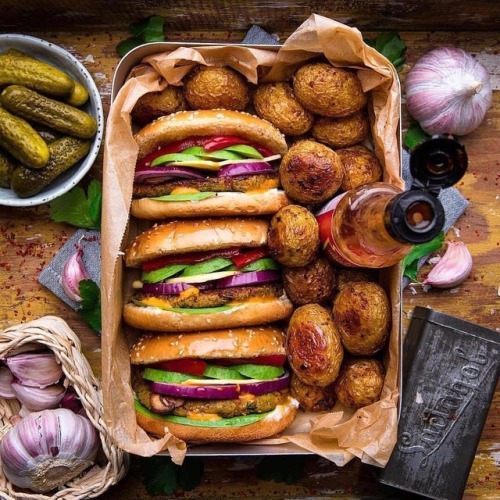 Repost By letscookvegan: Monster Burgers In A Box topped with sriracha mayo, served with oven roast