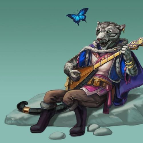 Tabaxi bard commission. I loved doing the snow leopard coloration - I think they’re the cutest