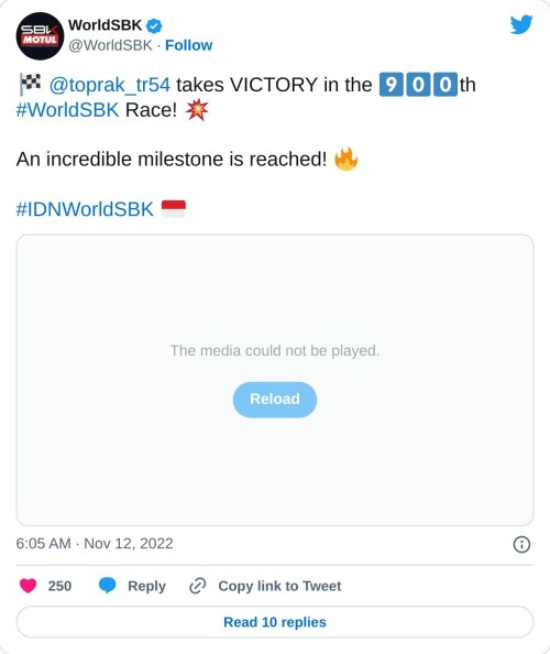🏁 @toprak_tr54 takes VICTORY in the 9️⃣0️⃣0️⃣th #WorldSBK Race! 💥  An incredible milestone is reached! 🔥#IDNWorldSBK 🇮🇩 pic.twitter.com/VXU7Ghal90  — WorldSBK (@WorldSBK) November 12, 2022