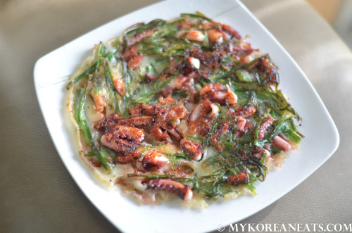 Haemul Buchu Jeon 해물 부추 전 (Seafood and Chive Pancake) for a quick afternoon snack. ^^www.facebook.co