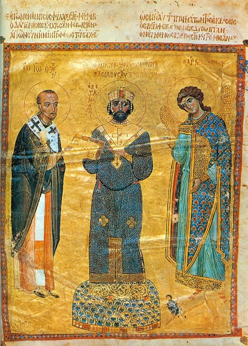 Byzantine image: St. John Chrysostomos, Emperor Nicephorus III Botaniates (1078-81), and the Archang