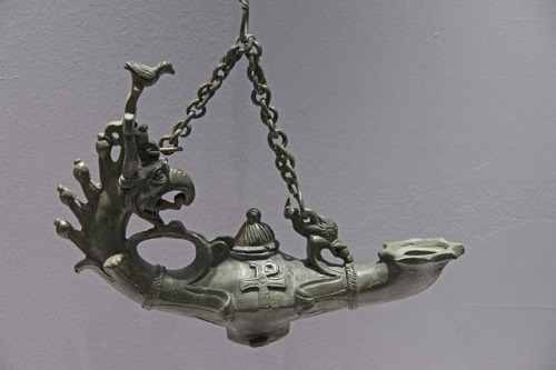 romebyzantium:Hanging bronze lamp, with gryphon, bird, fish and cross ornaments Byzantine (Anatolian