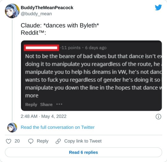 Claude: *dances with Byleth* Reddit™: pic.twitter.com/gS2lkfkE1C — BuddyTheMeanPeacock (@buddy_mean) May 4, 2022