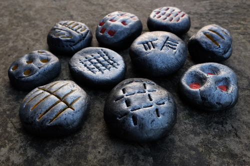 Final set of Prehistoric Art Inspired Rune Stones for the participatory drama, ‘Scar of the Sabretoo