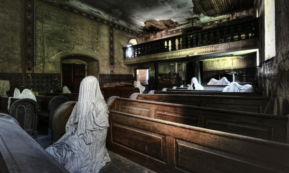 sixpenceee:  Photographs of urban decay. Here is a boarded up church with dusty pews