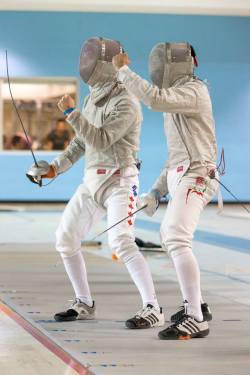 modernfencing:[ID: two sabre fencers standing together, both shouting to celebrate ‘their’ touch.]Jean-Etienne Beauchamp (left) against Moises Carrillo Ramirez, at Junior Pan-Ams! Photo by Devin Manky.