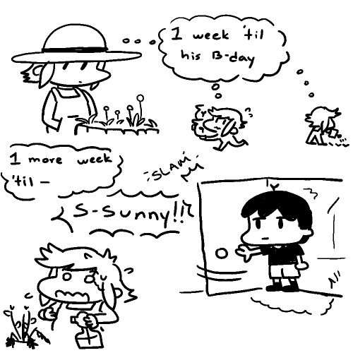 sunny’s birthday is in one week! #and he just invites himself into basils house without knocking as usual lol #omori fanart#omori sunny#omori basil#omori sunflower#omori art#omori