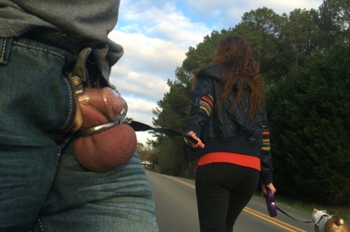 mistresslittleblog:continuousstateofdesire:bustmyblueballs:I really enjoy our Sunday walks together.  Too bad…I had this in mind…but he chickened out
