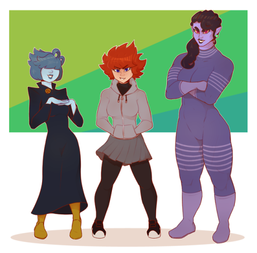 A commission for @tamtamhi of their characters Cimperia, Simetty, and a Sharp-toothed gal!