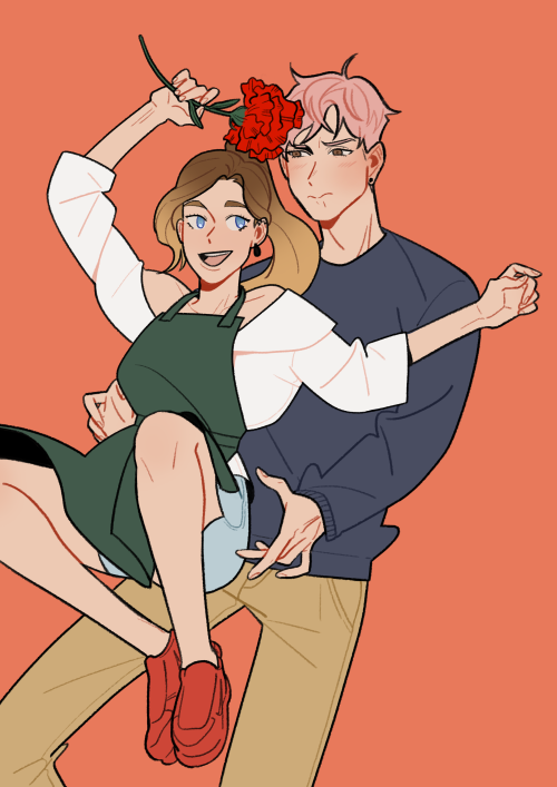 therearecookiesdraws:Florist boy and barista girl oc that I have with a friend!