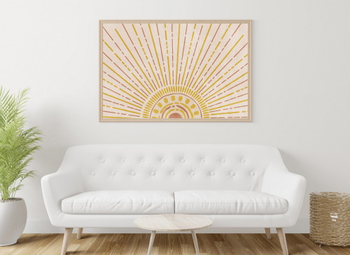  Boho wall art set of 2 prints, Yellow sun art, Modern bohemian wall decor, Neutral sunrise digital 