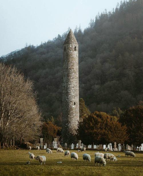 architecturealliance:The 11th century Round Tower of Glendalough, a monastery founded in the 6th century in the Wicklow Mountains, Ireland.