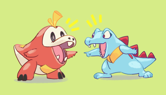 Fanart of the Pokemon Totodile, the water-type starter from Gen II, and Fuecoco, the fire-type starter from the newly-announced Gen IX. Both of them are cartoonishly stylised crocodiles/alligators, with stumpy legs and arms; Totodile is blue with red spikes, closer to a real crocodile, but still toyetic, while Fuecoco is stockier and more barrel-shaped, combining elements of a sliced apple. Both are standing akimbo and pointing at each other with open-mouthed grins and wide eyes.