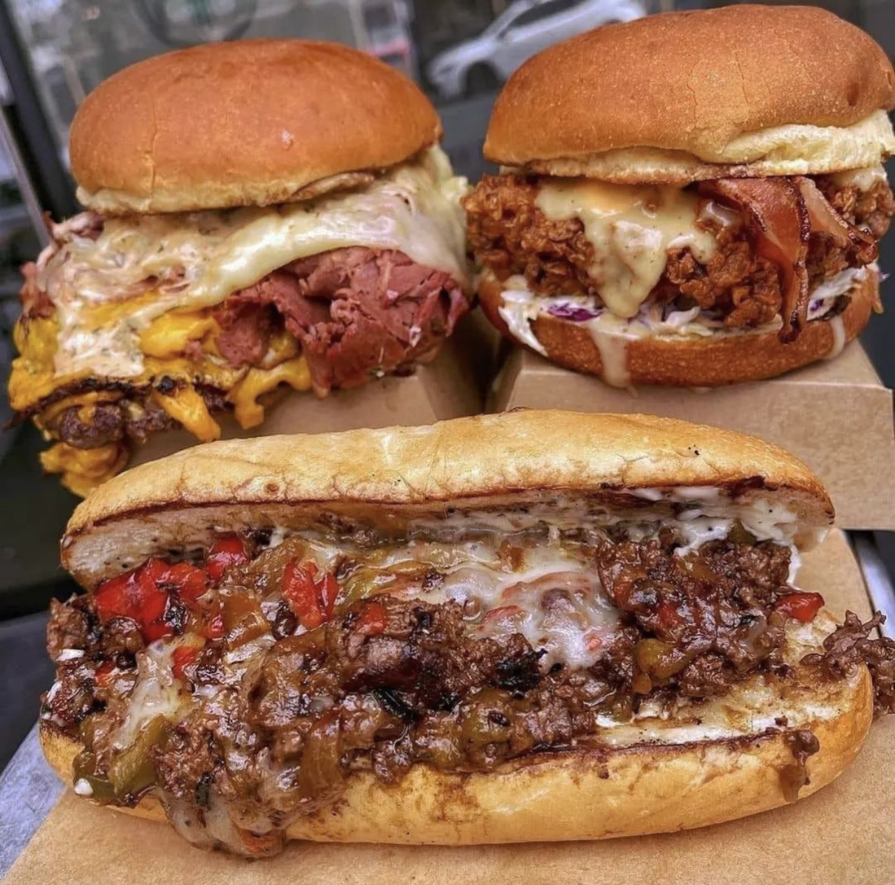 yummyfoooooood:Pastrami Cheeseburger, Fried Chicken Burger and Philly Cheesesteak